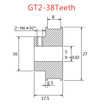 2pcs 38 teeth GT2 Timing Pulley Bore 5mm for width 6mm GT2 Timing Belt 2GT-38Teeth 3D printer parts