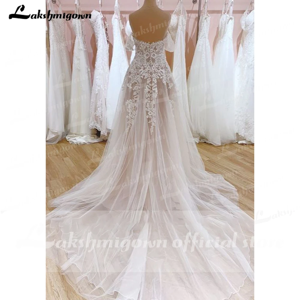 Vestidos Lace Boho Off Shoulder Wedding Dress Lace Champagne Bridal Wedding Gown Sexy Tulle Beach Wedding Dresses