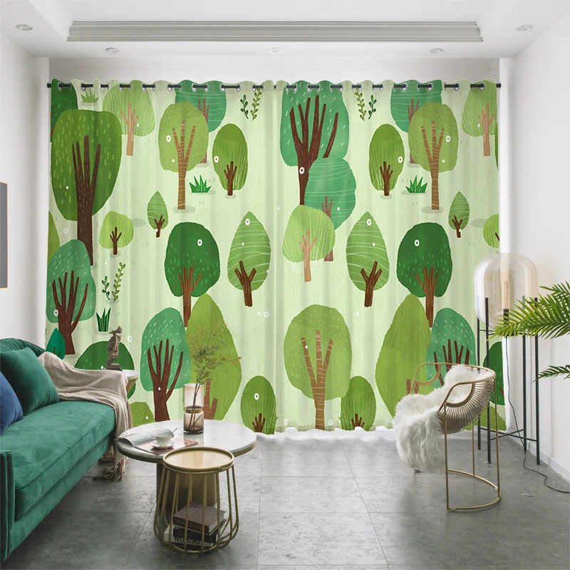 

Custom Window Curtain Drape Hangings for Nursery Kids Children Living Room Bedroom Tree Green