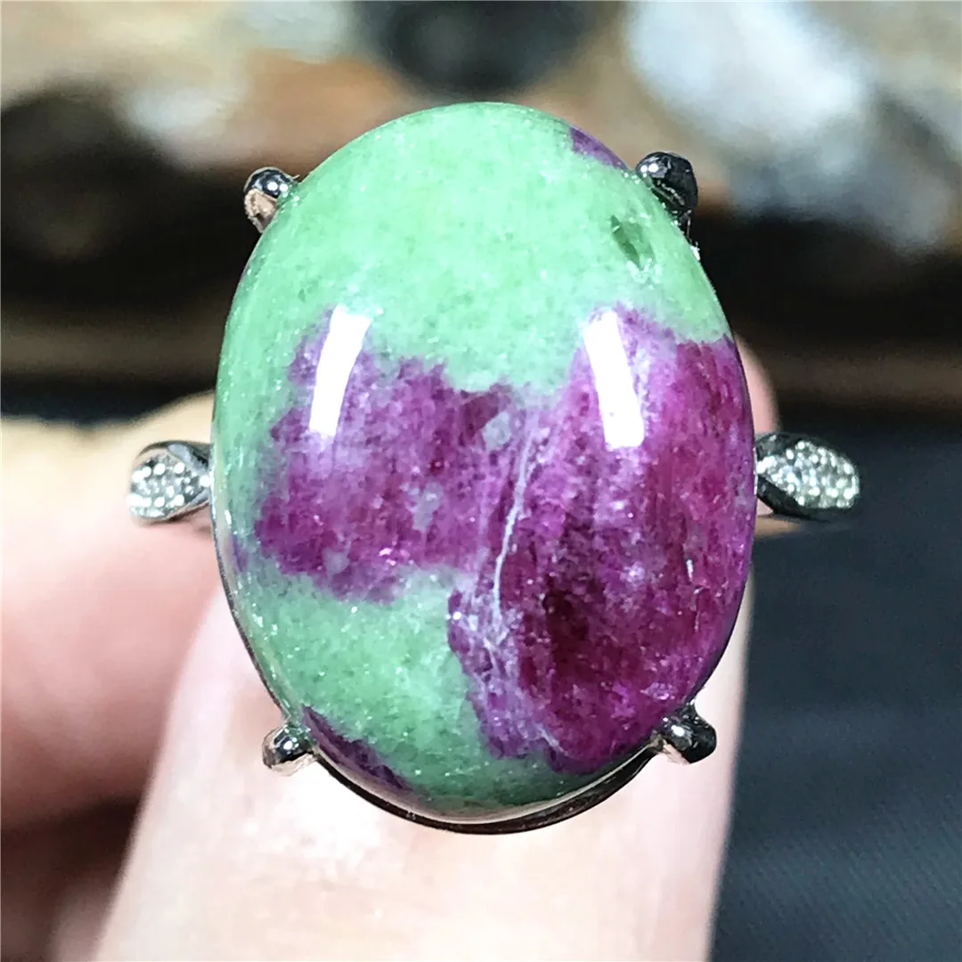 Genuine Natural Ruby Zoisite Ring 925 Silver Sterling Jewelry For Women Men Crystal 18x13mm Beads Gemstone Adjustable Ring AAAAA