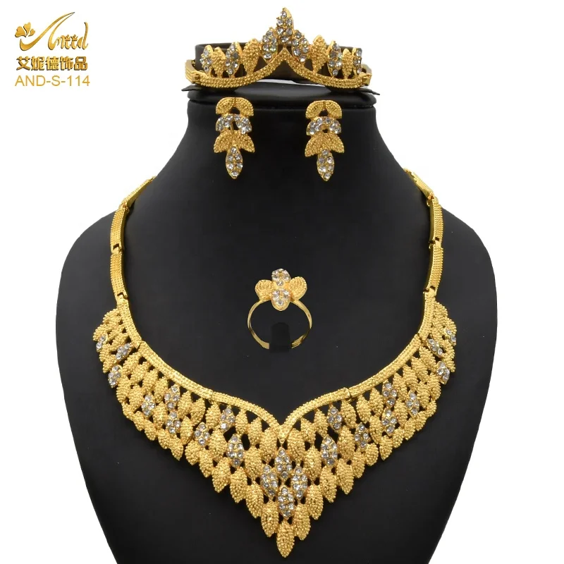 

Dubai Gold Color Jewelry Sets For Women Designer Fashion Nigerian Necklace Earring Ring Ethiopian African Wedding Bracelet 4PCS