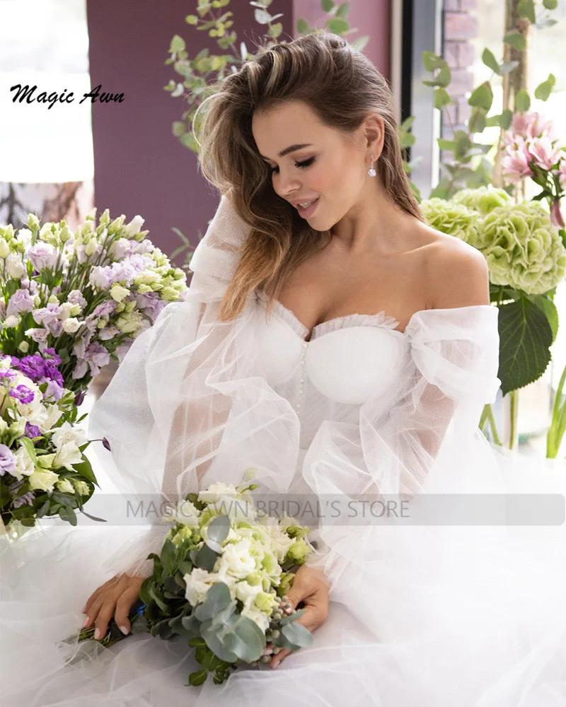 Magic Awn-vestidos de novia blancos bohemios para mujer, con hombros descubiertos, mangas largas hinchadas desmontables, vestidos de novia con ilusión campestre