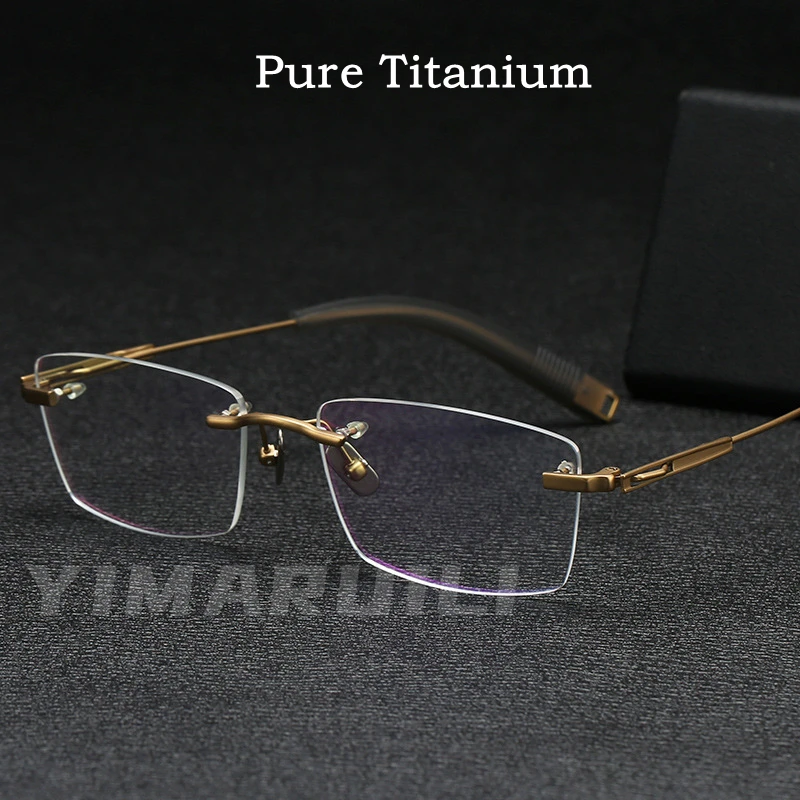 YIMARUILI Men's Pure Titanium Rimless Glasses Simple Square Ultra-Light Comfortable Optical Prescription Eyeglasses Frame 80816