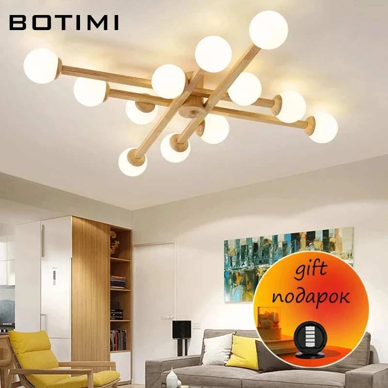 BOTIMI Solid Wood Ceiling Lights With Glass Ball Lampshade For Sitting Room Modern Wooden Bedroom Surface Mounted Dining Lamps