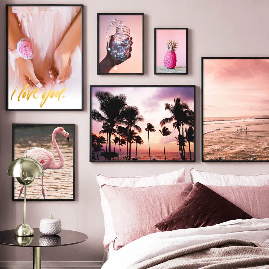Pink Flower Flamingo Glass Bottle Wall Art Print Canvas Painting Nordic Canvas Posters And Prints Wall Pictures For Living Room