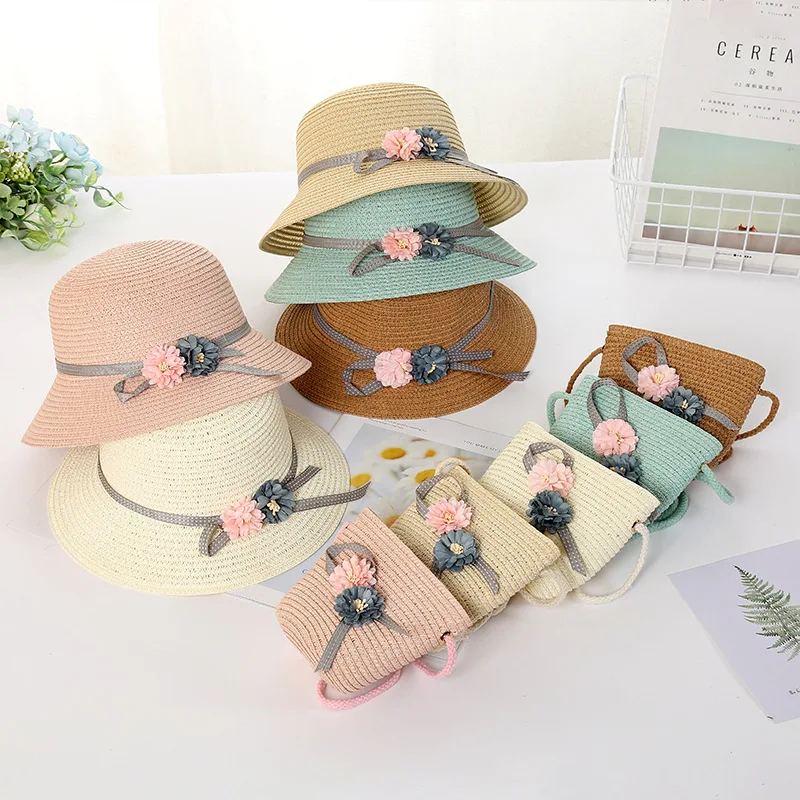 

Summer Girl Children 2 Pieces Set Straw Hat+ Handbag New Flower Visor Straw Hat Fashion Kid Baby Girl Sun Hat SHT014