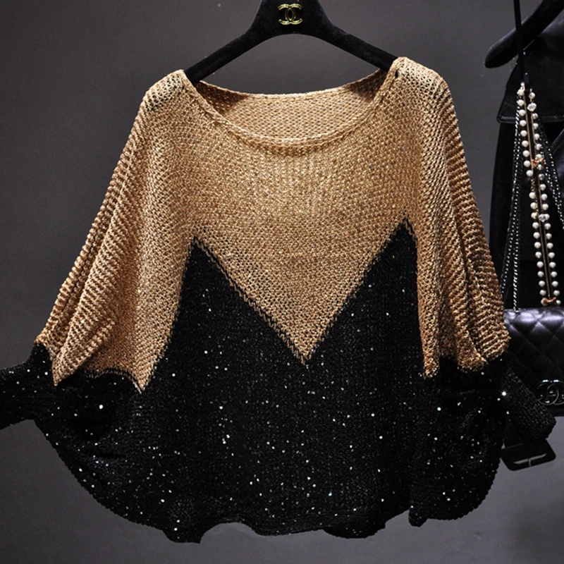 Shinny Lurex maglione donna girocollo lungo maglione Casual Knit Pull Femme Pullover Bling Bling paillettes maglione