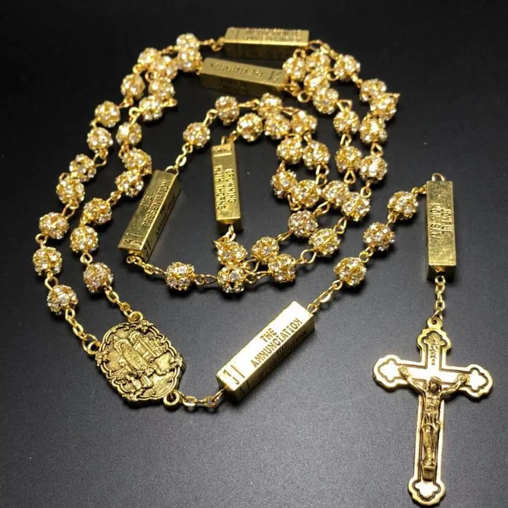 Blingbling 8mm Golden Color Crystal Rhinestone Beads Five Mysteries Rosary Religious Catholic Rosario