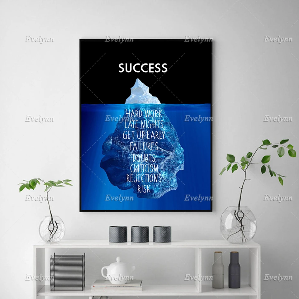 SUCCESS ICEBERG NIGHT Inspirational Quotes Posters and Prints Wall Art Canvas Painting  Living Room Office Decor Floating Frame