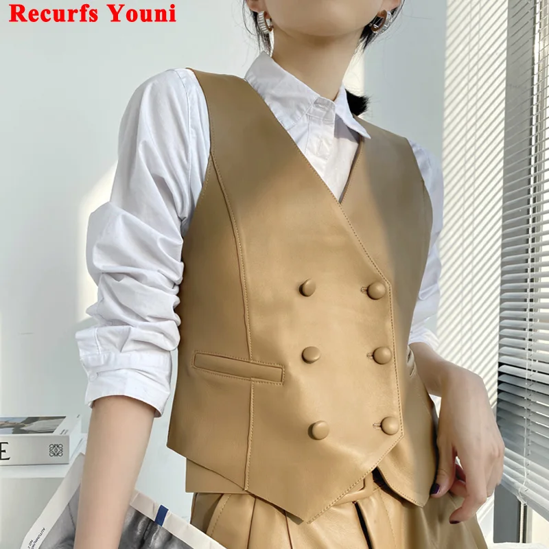 Classic Ropas Mujer Women Real Leather Double-Breasted V-neck Vest British Elegant Handsome Knight Style Gilet Female Waistcoat