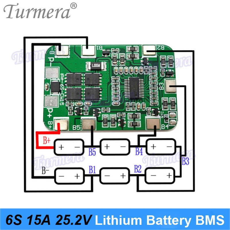 Turmera 6s 25.2v 15a bms 18650 bateria de lítio proteger placa para 20v 25v chave de fenda e 24v massagem arma muscular bateria bloco uso