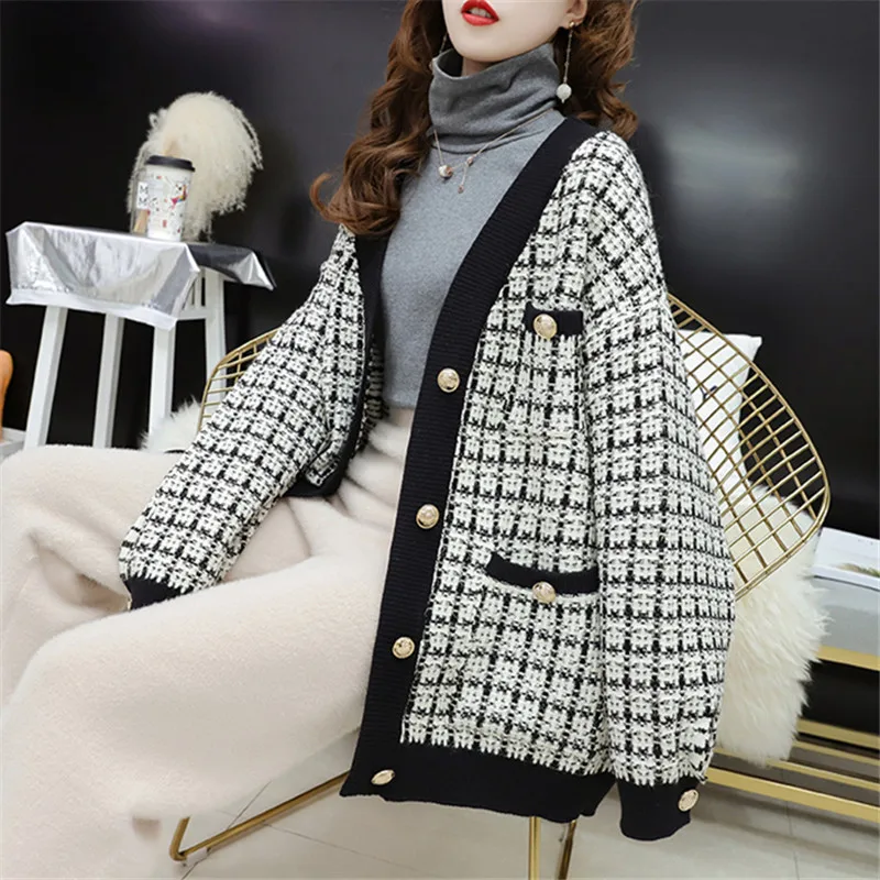 Korean Autumn 2024 New Sweater Coat Retro Shirt Check Long Sleeve Single Breasted Plaid Loose Knit Cardigan Jacket Tide Ladies