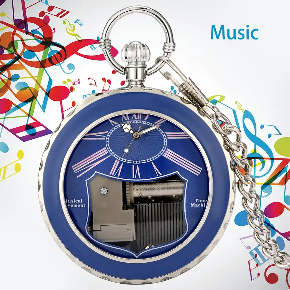 

Fashion Blue Hand Crank Playing Music Quartz Pocket Watch Men Women Cute Elephant Animal Pattern Blue Dial Pocket Watch Chain