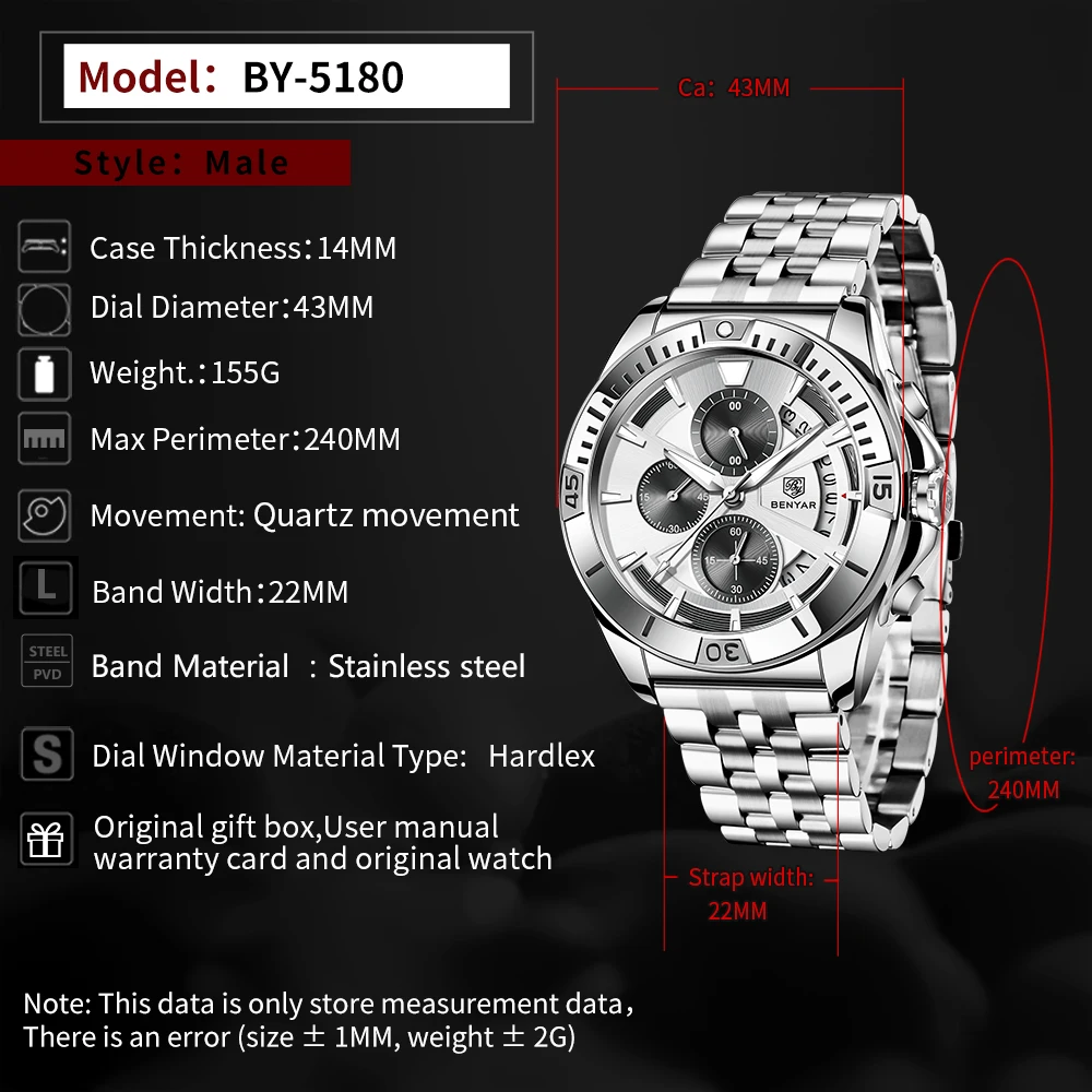 2021 Benyar Nieuwe Mode Casual Heren Quartz Horloge Rvs Holle Waterdichte Nachtlampje Wijzer Horloge Logio Masculino