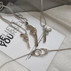 Retro Pistol Handcuffs Pendant Necklace for Women Men Punk Antique Alloy Beads Chains Cool Jewelry Birthday Gifts