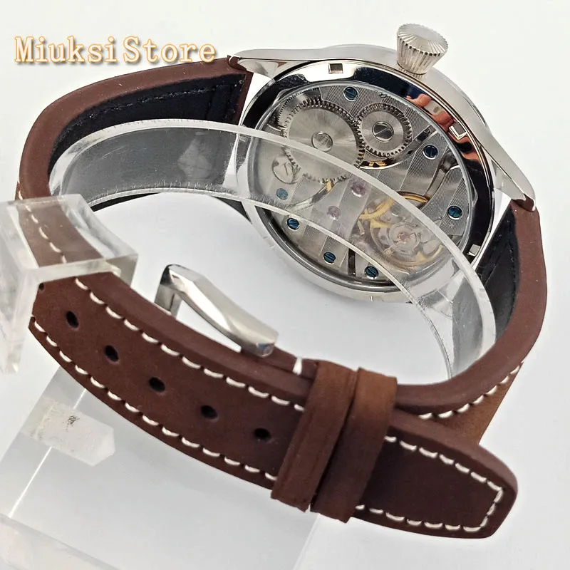 CORGEUT 44mm silver case black luminous dial leather strap  17 jewels 6497 hand winding movement mens leisure sport watch