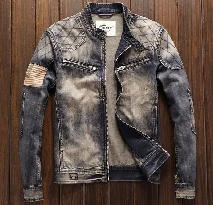 Blue Denim Men's Vintage Classic Biker Motorcycle Jacket Stand Collar Retro Slim Fit USA Flag Jeans Coat Drop Shipping