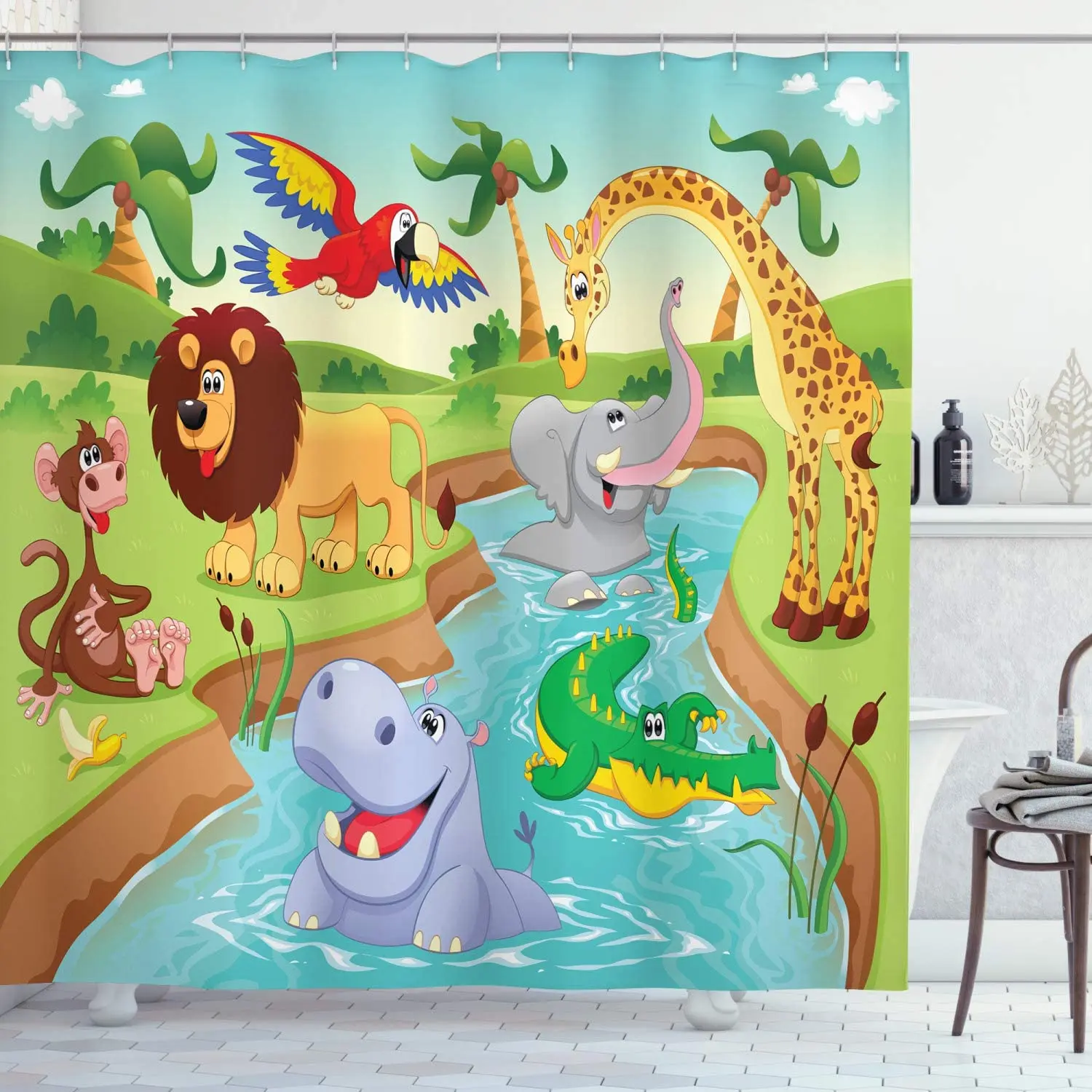 Children Shower Curtain Cartoon Safari Animals Swimming in The Lake Elephant Lions and Giraffe Art Bathroom Decor Set with Hooks