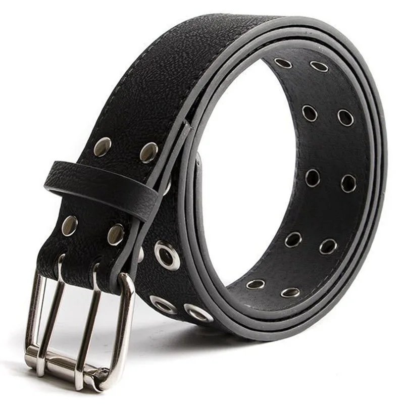 JNKET Punk Double Pin Buckle Men\'s Belt Grommet Rivets Waist Belt PU Leather Waist Strap Fashion Casual Jeans Rock Belt