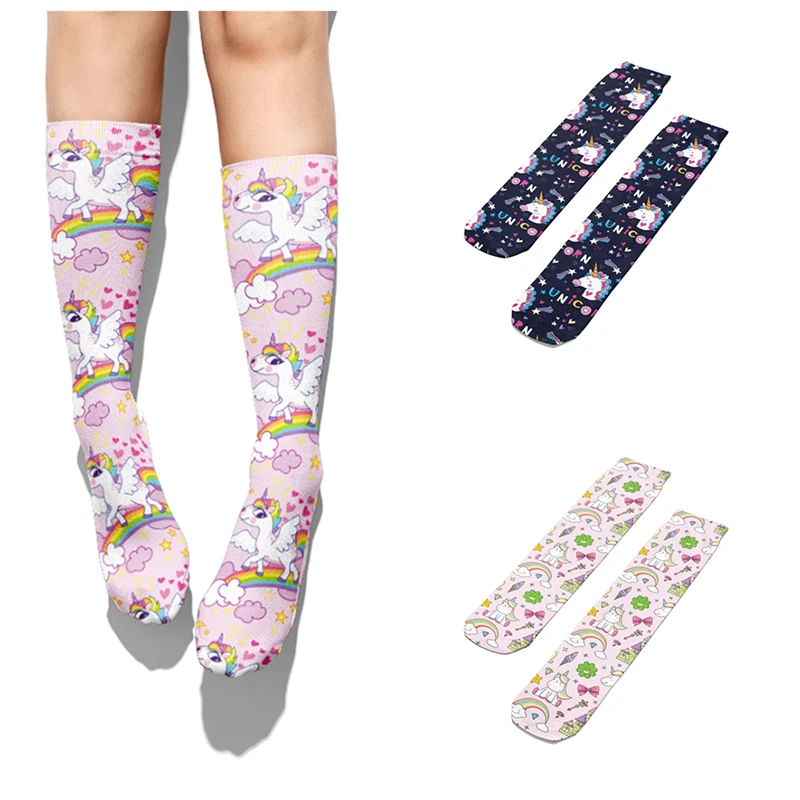 Cute Unicorn Printed Women Socks Harajuku Happy Rainbow Girls Pink Long Socks Fashion Funny Thigh High Cotton Socks For Female