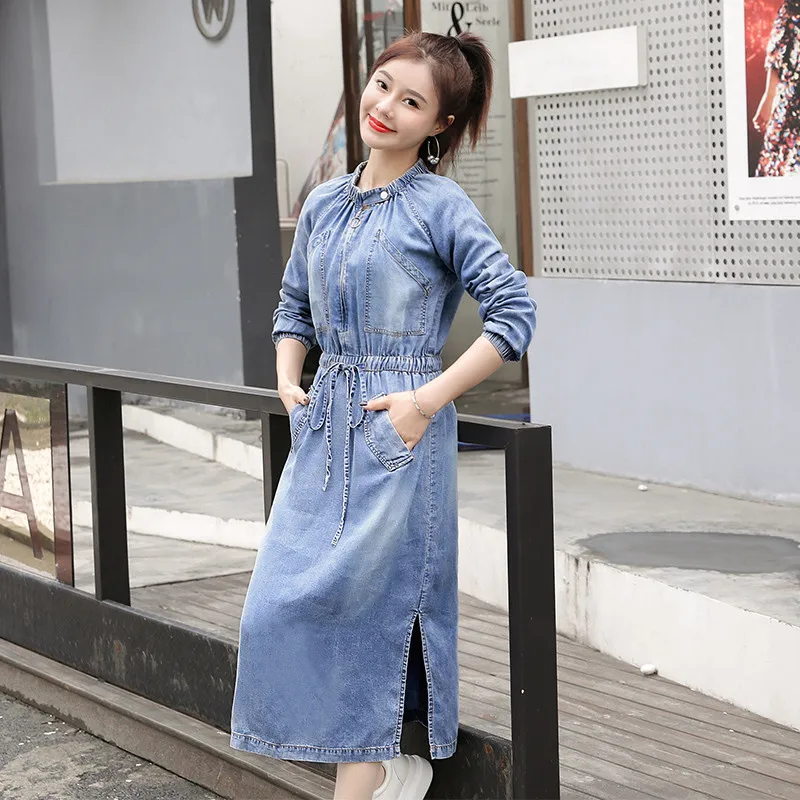 

blue elegant dress Spring Autumn Women Dresses Fashion O-Neck Solid Collect Waist Sashes Pockets Jeans Dress For Females Denim