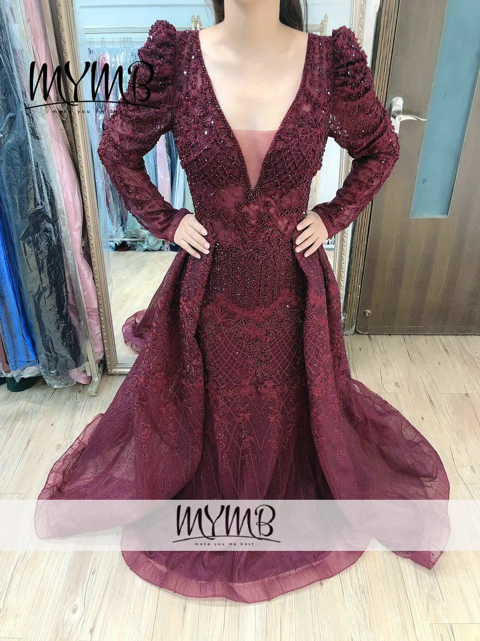 

MYMB Couture Lace Long Sleeve Dresses Woman Party Night Luxury Wedding Mother Of Bridal Gown with Overskirt MY81106