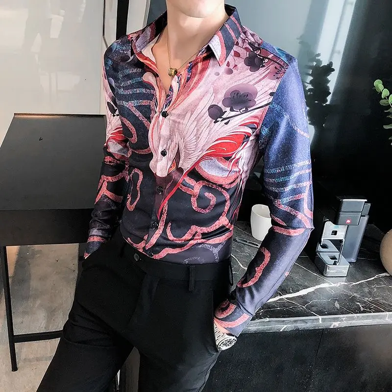 

Shirt Men Flower 2020 Autumn High Quality Korean Style Men's Slim Shirt Fashion Design Printing Shirts For Men Dress Shirt Men