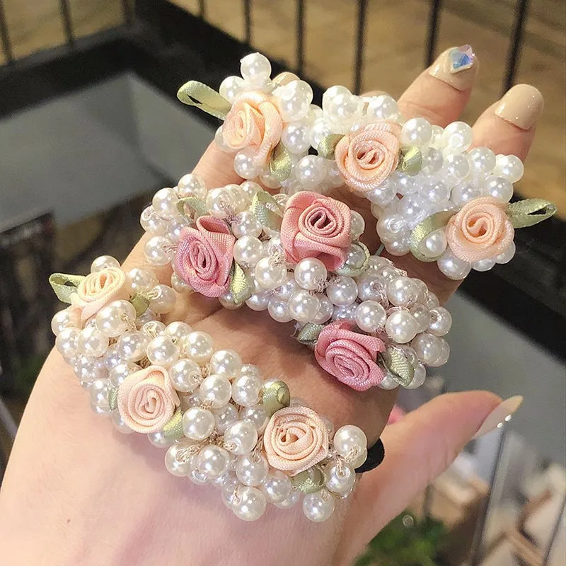 Ruoshui Woman Elegant Imitation Pearl Hair Tie Floral Elastic Hairband Women Scrunchies Girls Hair Accessories Rubber Band Tiara