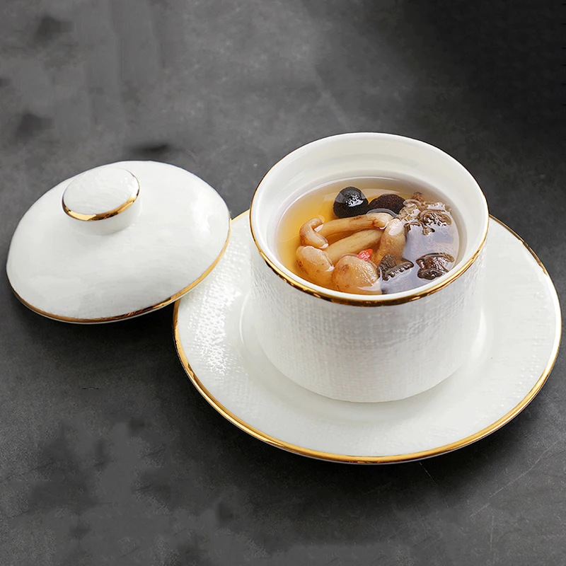 300ml Vintage Stew Cup with Lid Saucer Kit Hotel Syrup Dessert Bowl Bird's Nest Bowls Ceramic Porcelain Dinnerware Container Art