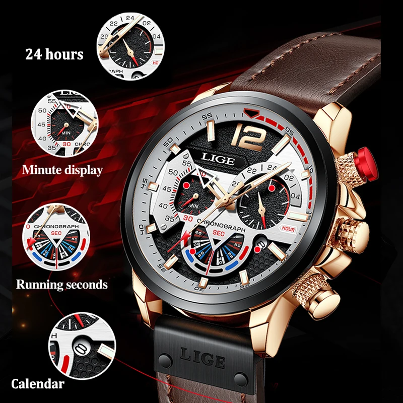 LIGE Watch Men Luxury Watch for Men Quartz Military Watches Fashion Chronograph Wristwatch Waterproof Leather Date Clock Man+Box