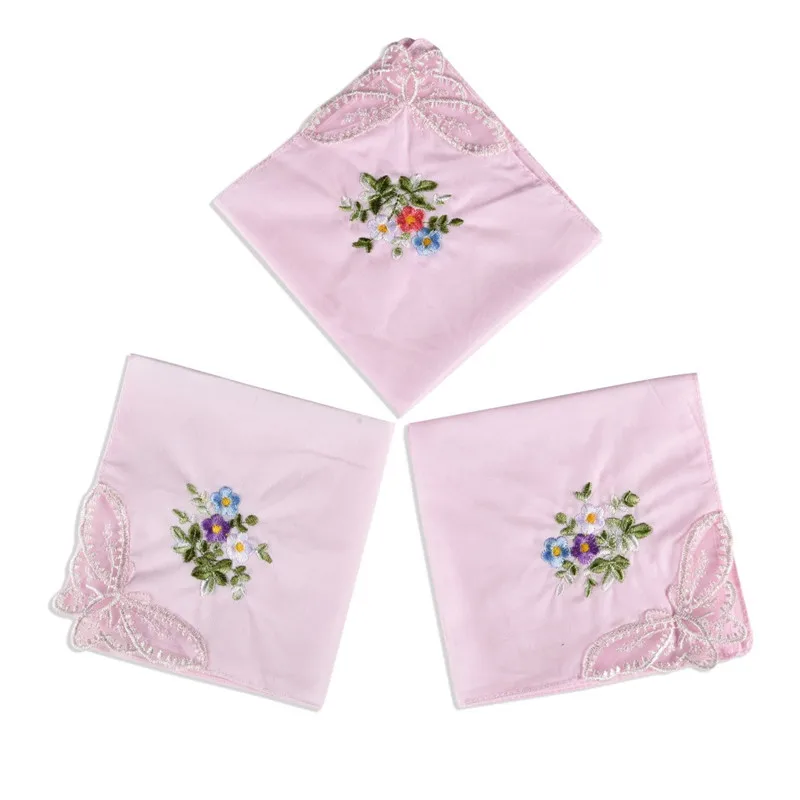 

3Pcs 28x28cm Cotton Flower Embroidered Lace Hankie Towel Lady Handkerchiefs Women Washable Pocket Random Color