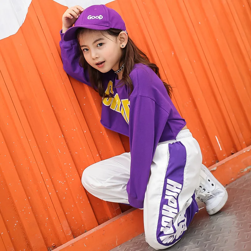 Children Hip Hop Clothing Outfits Long Sleeve Crop Top Sweatshirt Jogger Pants Girls Jazz Dance Performance Costume Street Wear