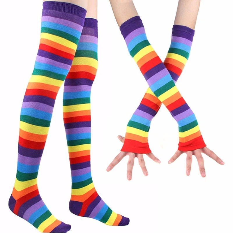 Women Rainbow Colorful Striped Thigh High Socks Arm Warmers Set Knitted Over Knee Stockings Fingerless Long Gloves Mittens