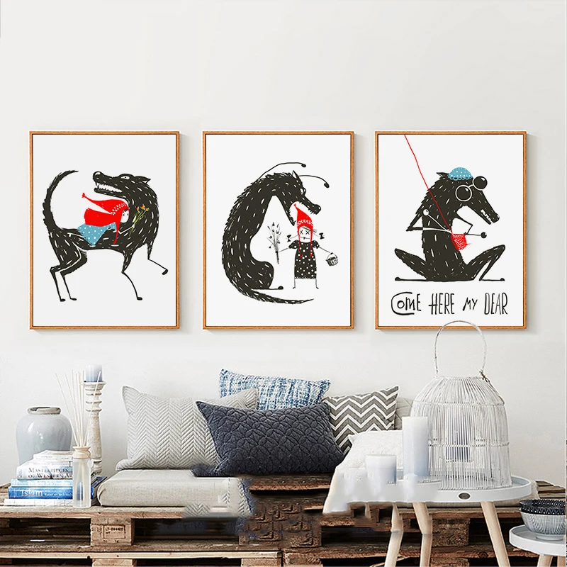 Cartoon Fairy Tale Wolf And Little Red Riding Hood Poster Nordic Painting A4 Prints Canvas Art For Children Room Wall Decoration