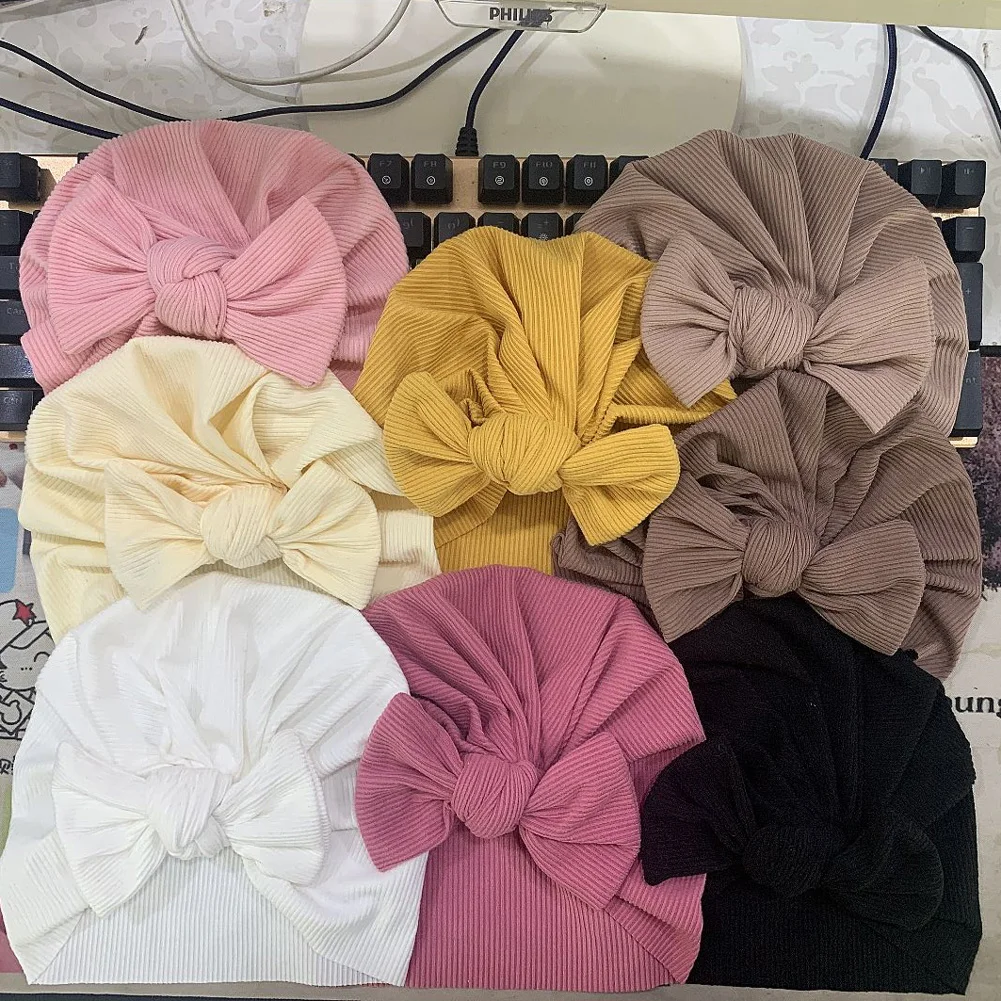 

16pc/lot 2021 Solid Ribbed Knotbow Turban Infant Hat Kids Girls Boys Beanie Caps Toddler Head wraps Hat Baby Ribbed Bow Headband