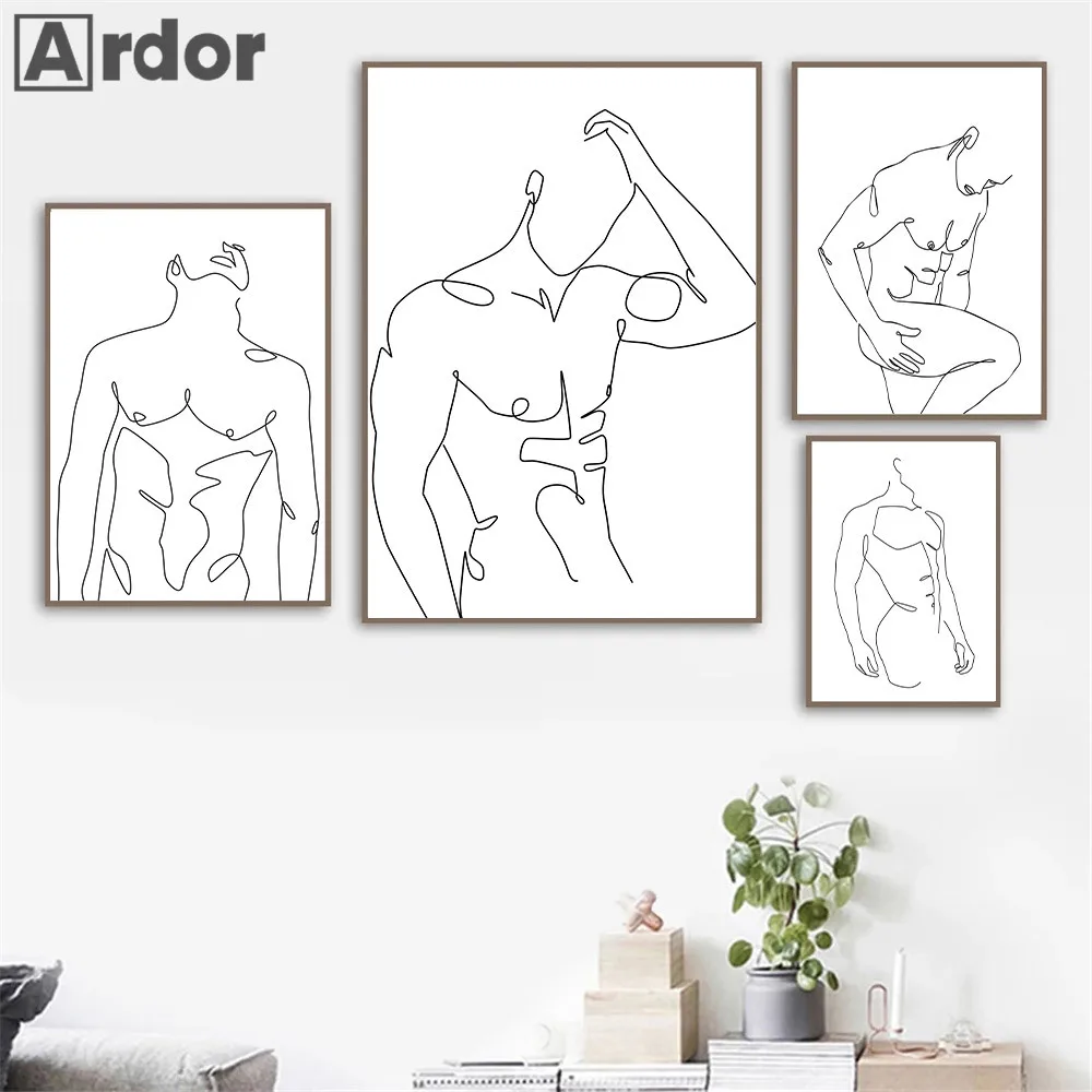 Abstract Men Body Canvas Poster Male Line Drawing Print Painting Nude Figures Wall Art Posters Minimalist Picture Bedroom Decor