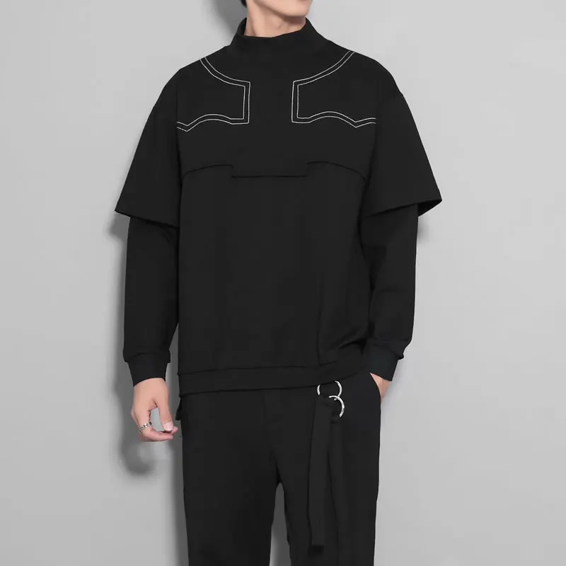 Autumn and Winter Dark Hong Kong style geometric line splice minority design feeling high collar false two hoodie men