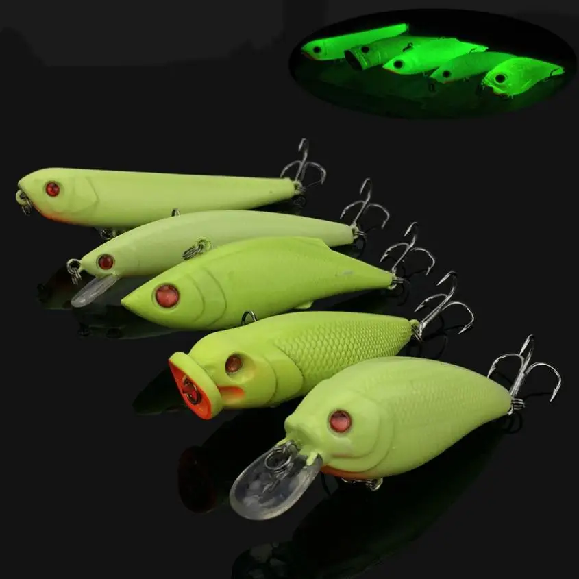 

5pcs/lot Luminous White Fishing Lure Kit Hard Bait Noctilucence VIB Minnow Crank Popper Pencil Mixed with Box