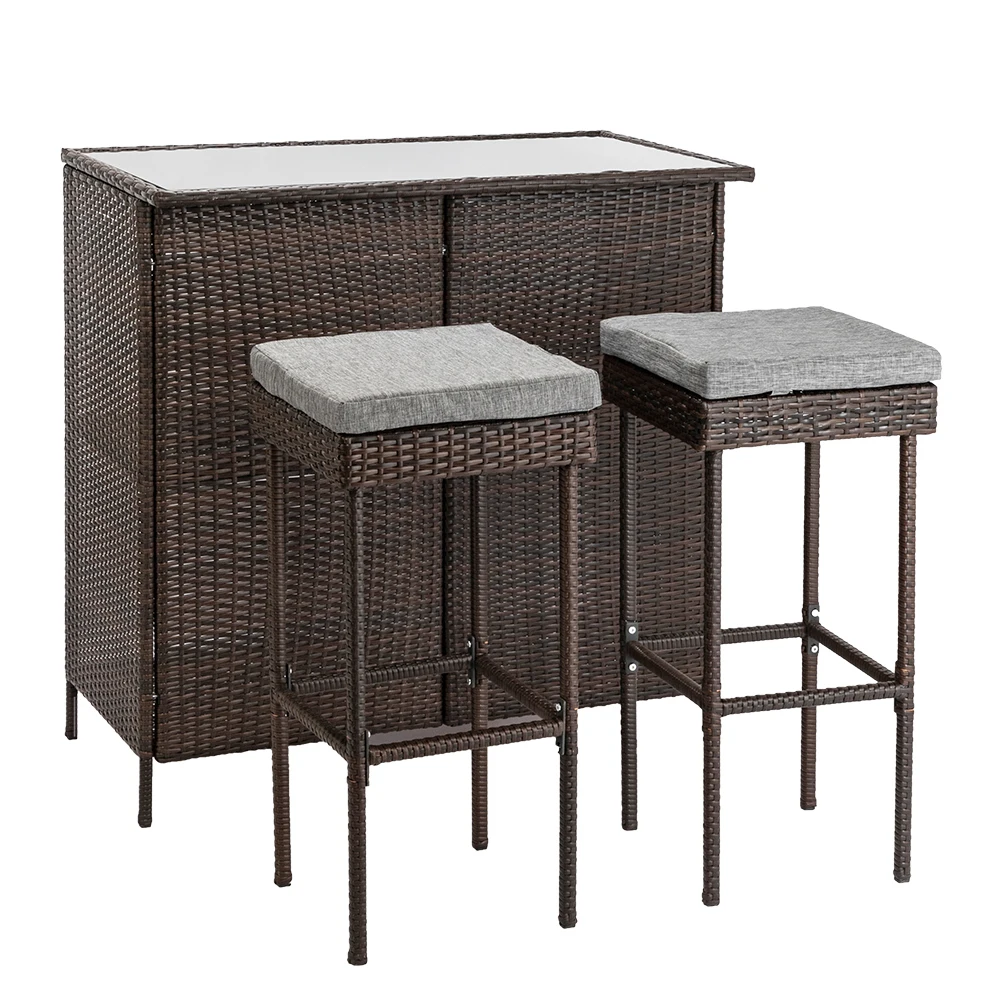 Outdoor Patio  Furniture Set Outdoor 3-Piece Brown Wicker Bar Set Glass Bar and Two Stools with Cushions