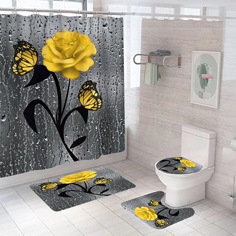 Red Rose&Butterfly Bathroom Anti-slip Mat Set Durable Waterproof Shower Curtain Set Pedestal Rug Lid Toilet Cover Bath Mat Rugs