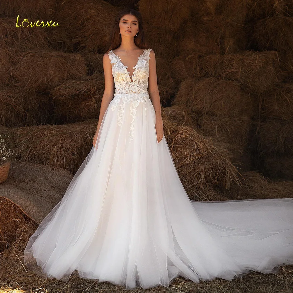 

Loverxu Beach 2024 Wedding Dresses Sweetheart Sleeveless Robe De Mariee Lace Appliques 3D Flowers A-Line Boho Vestido De Novia