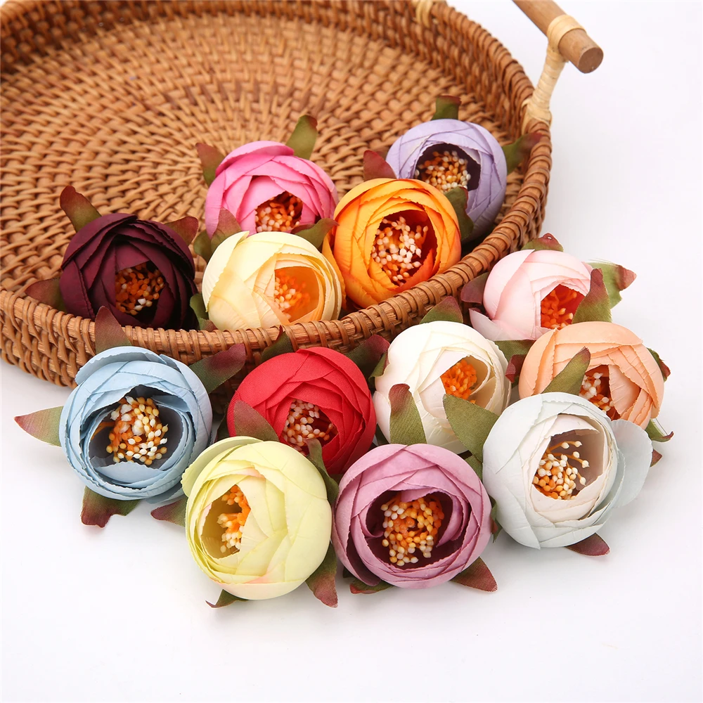 5/10Pcs 4CM Silk Tea Rose Bud Artificial Flower Heads For Home Decora DIY Wreath Gift Box Scrapbooking Crafts Fake Flowers