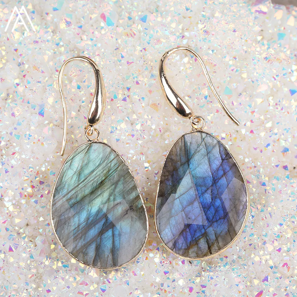 Delicate Women Drop Beads Hook Earrings Jewelry Flash Labradorite Purple Agates Stone Gold Dangle Earrings Jewelry Dropshipping