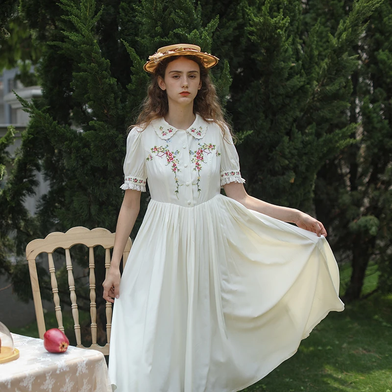 White Dress Spring Summer Women Vintage Elegant Slim Cross Stitch Embroidery Pleated Cotton Midi Dresses Woman Korean Dress