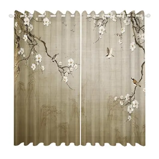 Customizable Chinese Style Magnolia Peach Blossom Flower and Bird Curtain Cloth Gauze Curtains for Bedroom Living Study Room