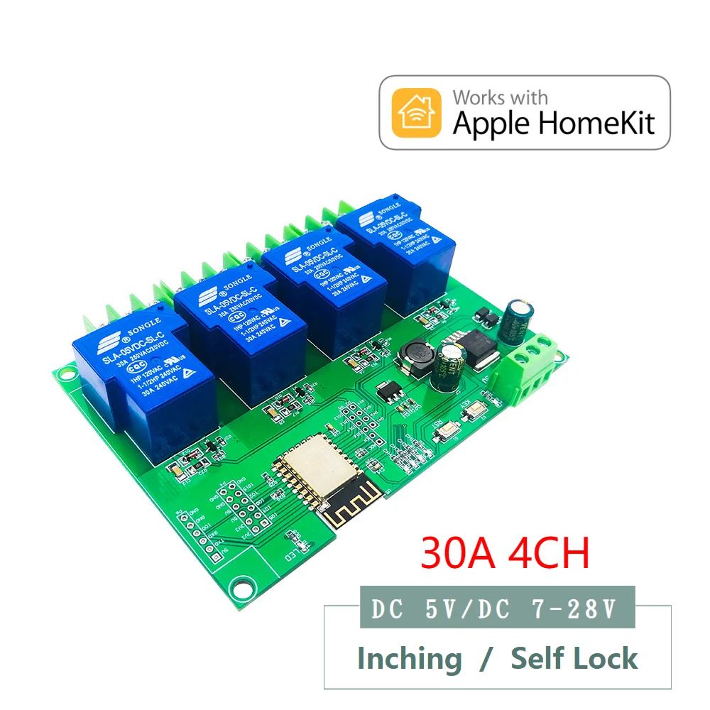 Homekit 4CH 30A WiFi Relay Module Inching Switch Self-locking Entry Access Gate Control DC 5V 12V 7V-28V