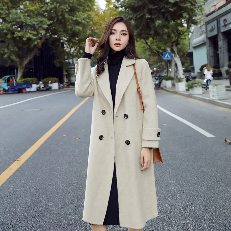 HANZANGL Autumn winter plus size woolen coat women long section Double Breasted Turn-down Collar blue ladies wool coats overcoat