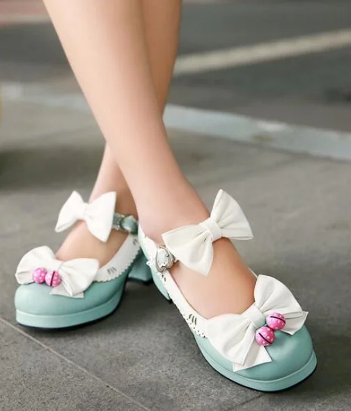 Lolita maid women shoes personality strawberry bells bowknot princess lolita shoes round head thick heel cosplay shoes loli