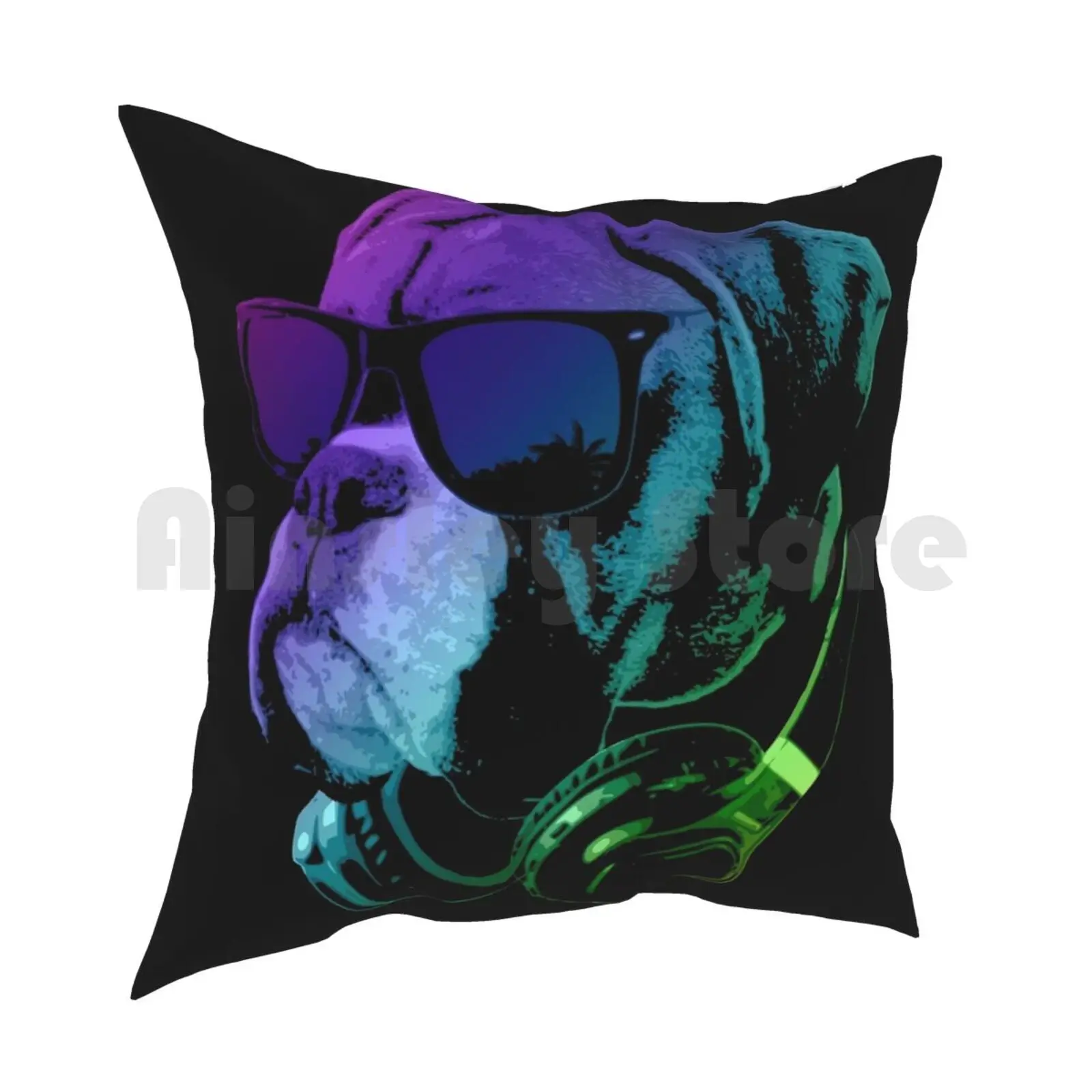 Dj Dog Pillow Case Printed Home Soft Throw Pillow Dog Pet Cute Cool Boxer Bulldog Animal Sunglasses Headphones Neon