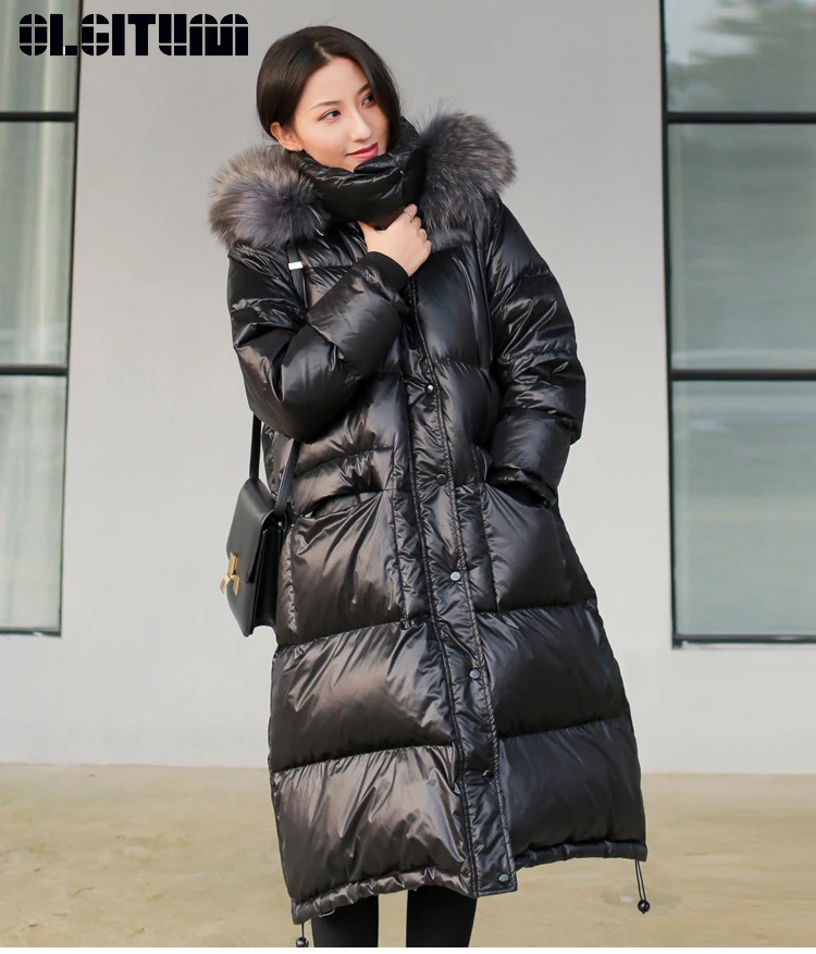 

New Fashion Women Down Jacket Mid-length Black Glossy Overknee Winter Coat Parka Thick Loose Warm Parka Cotton Coat